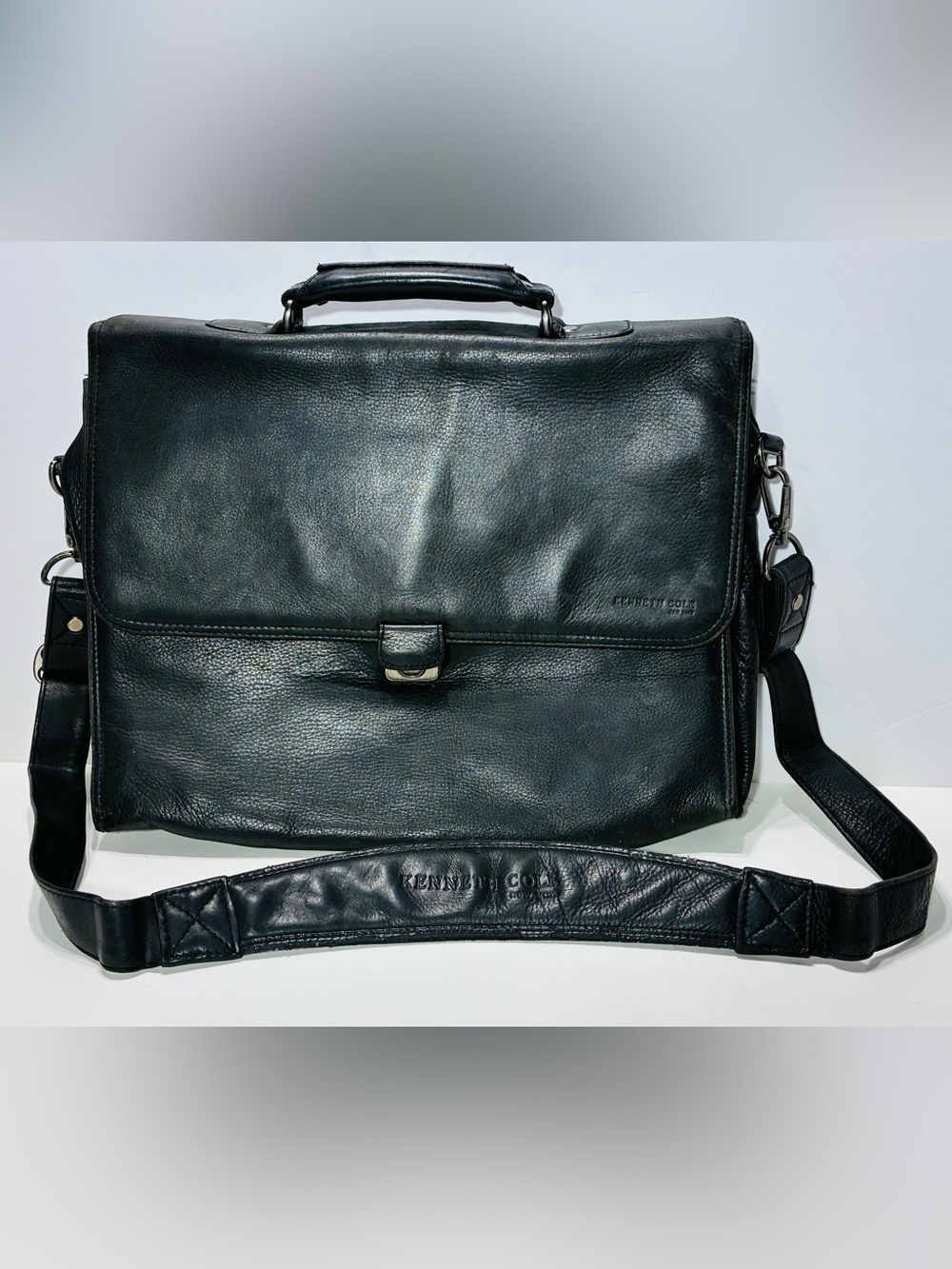 Y2K VTG Kenneth Cole New York Pebbled Leather Laptop Briefcase Bag Black 16x11.5